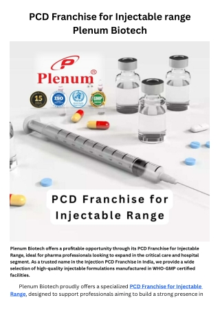 PCD Franchise for Injectable range | Plenum Biotech