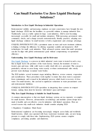 Can Small Factories Use Zero Liquid Discharge Solutions