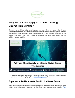Why You Should Apply for a Scuba Diving Course This Summer