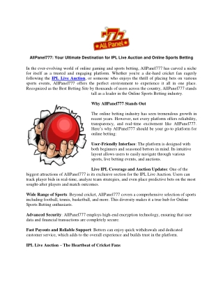 AllPanel777 Your Ultimate Destination for IPL Live Auction and Online Sports Betting