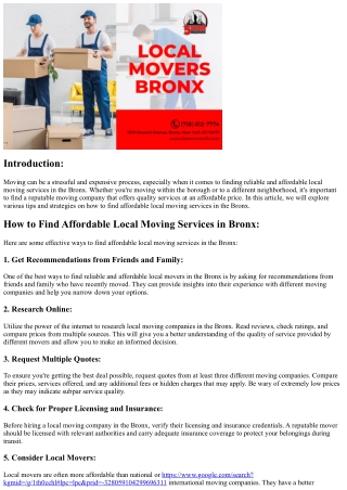 How to Find Affordable Local Moving Services in Bronx