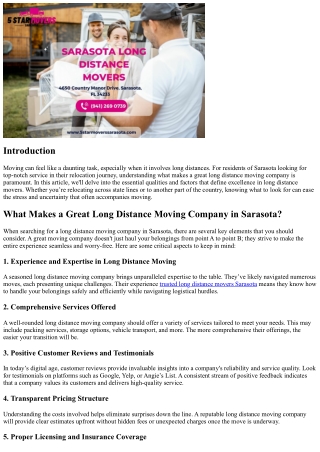 What Makes a Great Long Distance Moving Company in Sarasota?