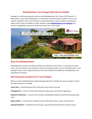 Mahabaleshwar Tour Packages With Spin On Holiday