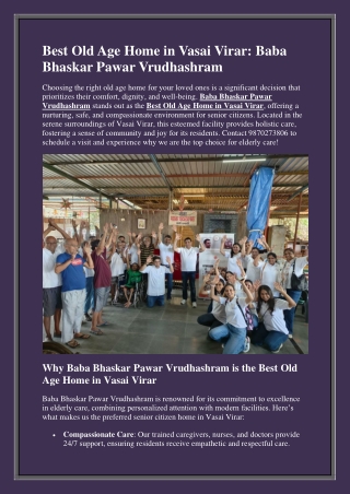 Best Old Age Home in Vasai Virar