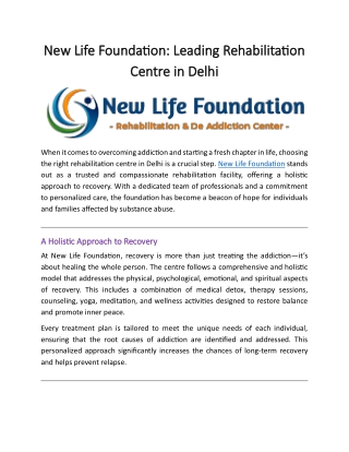 New Life Foundation Rehabilitation Centre in Delhi