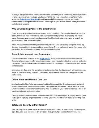 Play Anytime, Anywhere with the Smooth Poker Game Download - Playkaro247