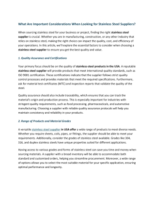 What Are Important Considerations When Looking for Stainless steel supplier