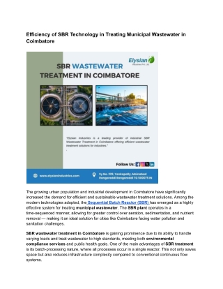 Efficiency of SBR Technology in Treating Municipal Wastewater in Coimbatore