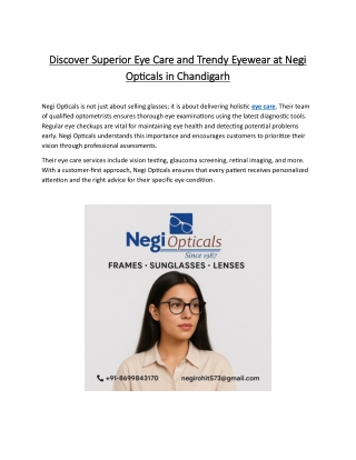 Discover Superior Eye Care and Trendy Eyewear at Negi Opticals in Chandigarh