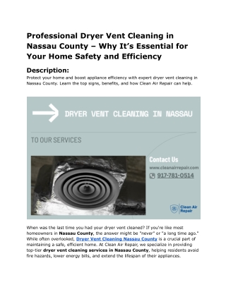 Professional Dryer Vent Cleaning in Nassau County – Why It’s Essential for Your Home Safety and Efficiency