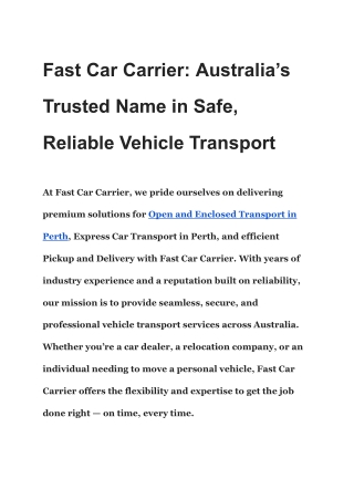 Fast Car Carrier | Experts in Open and Enclosed Transport in Perth