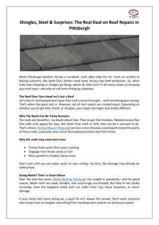 Shingles, Steel & Surprises: The Real Deal on Roof Repairs in Pittsburgh