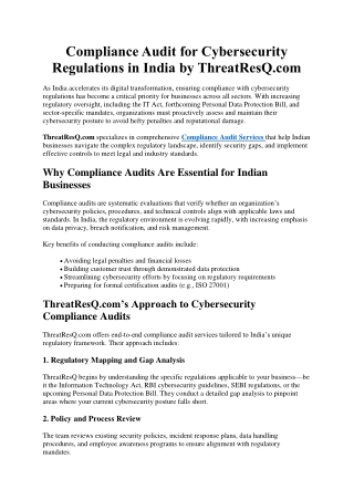 Compliance Audit for Cybersecurity Regulations in India by ThreatResQ