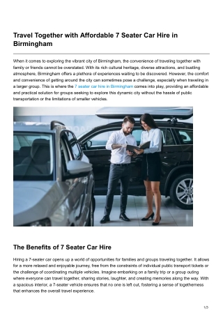 Travel Together with Affordable 7 Seater Car Hire in Birmingham