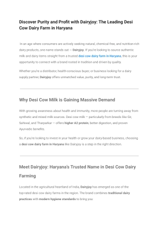 Discover Purity and Profit with Dairyjoy: The Leading Desi Cow Dairy Farm in Haryana
