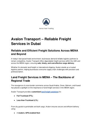 Avalon Transport – Reliable Freight Services in Dubai