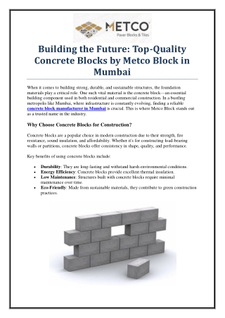 Best Concrete Block Manufacturer in Mumbai | Metco Block Solutions