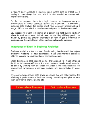 Certificate in Business Analytics with Excel