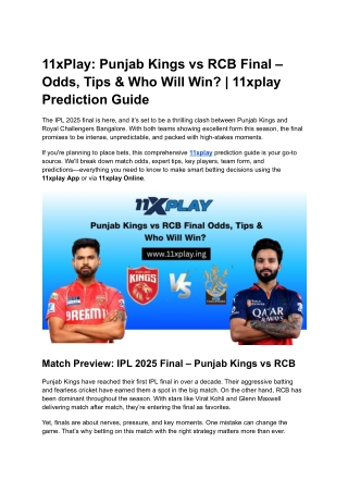 11xPlay Punjab Kings vs RCB Final – Odds, Tips & Who Will Win  11xplay Prediction Guide