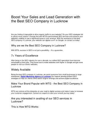 Boost Your Sales and Lead Generation with the Best SEO Company in Lucknow