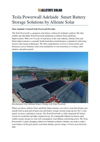 Tesla Powerwall Adelaide  Smart Battery Storage Solutions by Allstate Solar