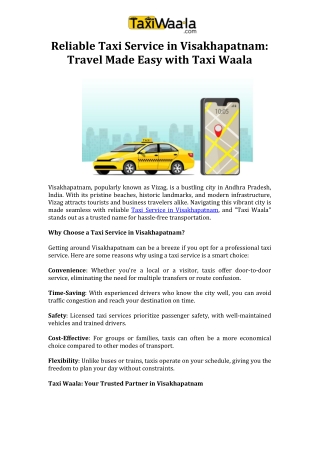 Reliable Taxi Service in Visakhapatnam Travel Made Easy with Taxi Waala