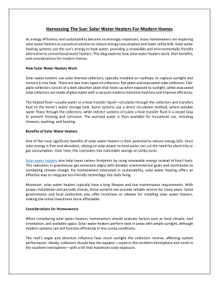 Harnessing the Sun: Solar Water Heaters for Modern Homes