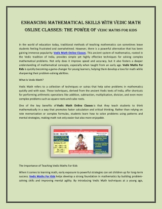 Enhancing Mathematical Skills with Vedic Math Online Classes: The Power of Vedic