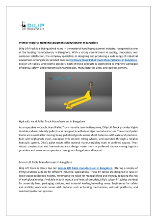 Premier Material Handling Equipment Manufacturer in Bangalore-Dilip Lift Truck