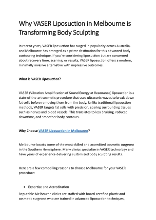 Why VASER Liposuction in Melbourne is Transforming Body Sculpting