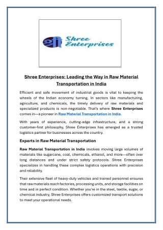 Shree Enterprises  Leading the Way in Raw Material Transportation in India