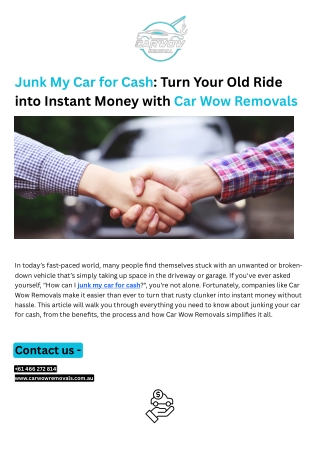 Junk My Car for Cash Turn Your Old Ride into Instant Money with Car Wow Removals