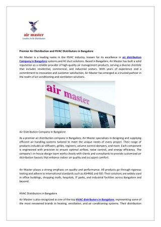 Premier Air Distribution and HVAC Distributors in Bangalore- Air Master
