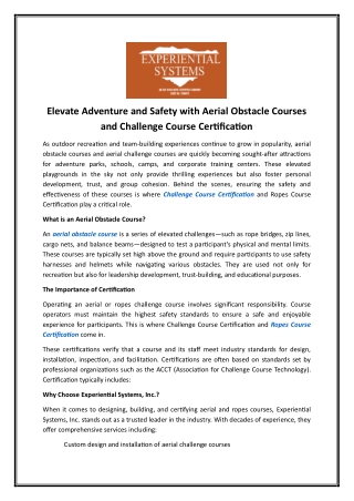 Challenge Course Certification | Experientialsystems.com