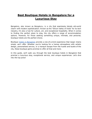 Best Boutique Hotels in Bangalore for a Luxurious Stay