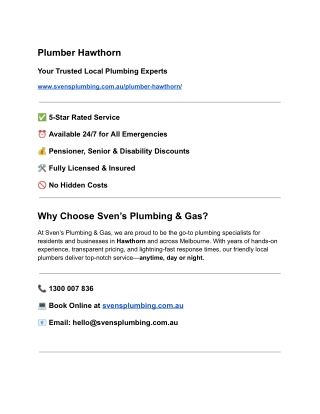 Plumber Hawthorn – 24/7 Expert Plumbing Services