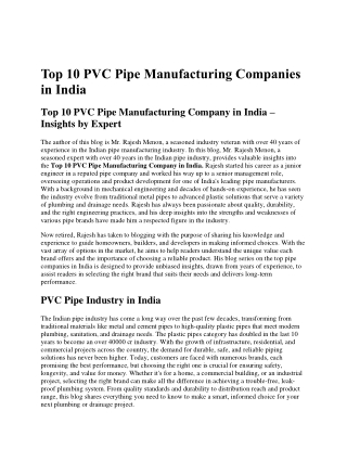 Top 10 PVC Pipe Manufacturing Companies in India