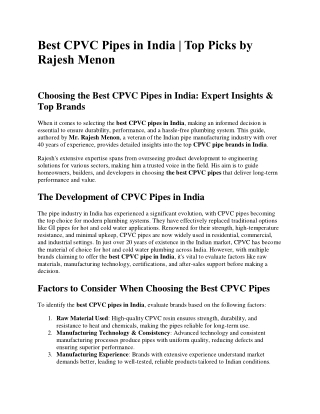 Best CPVC Pipes in India