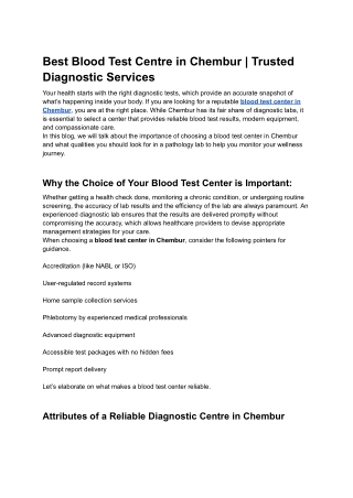 Best Blood Test Centre in Chembur | Trusted Diagnostic Services