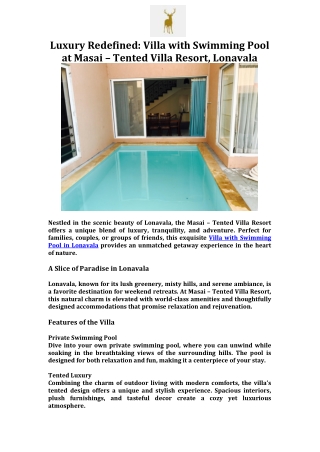 Luxury Redefined Villa with Swimming Pool at Masai – Tented Villa Resort, Lonavala