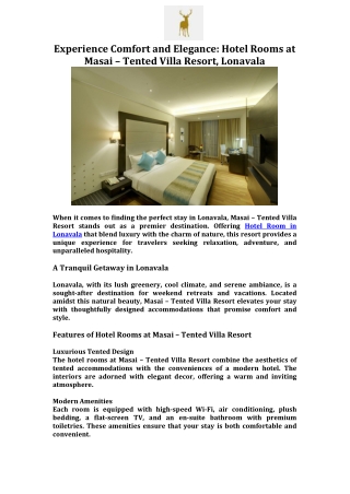 Experience Comfort and Elegance Hotel Rooms at Masai – Tented Villa Resort, Lonavala