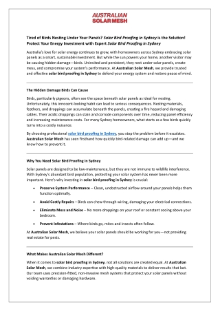 Tired of Birds Nesting Under Your Panels - Solar Bird Proofing in Sydney is the Solution!