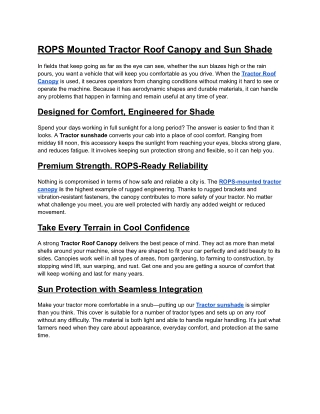 ROPS Mounted Tractor Roof Canopy and Sun Shade