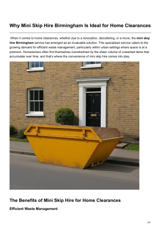 Why Mini Skip Hire Birmingham Is Ideal for Home Clearances