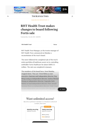 Gurpreet Dhillon - RHT Health Trust makes changes to board following Fortis sale