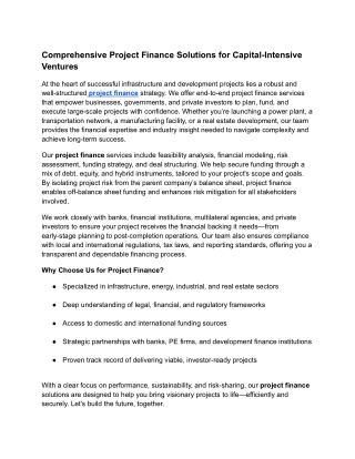 Comprehensive Project Finance Solutions for Capital-Intensive Ventures