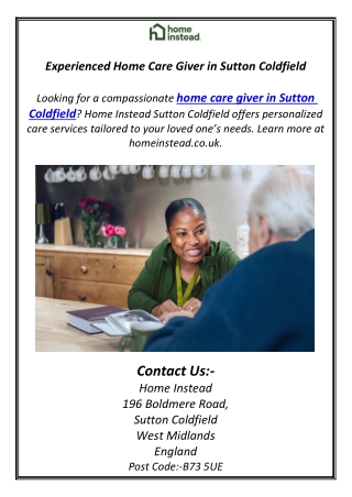 Experienced Home Care Giver in Sutton Coldfield