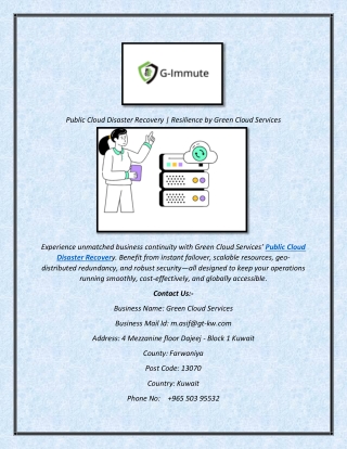 Public Cloud Disaster Recovery  Resilience by Green Cloud Services