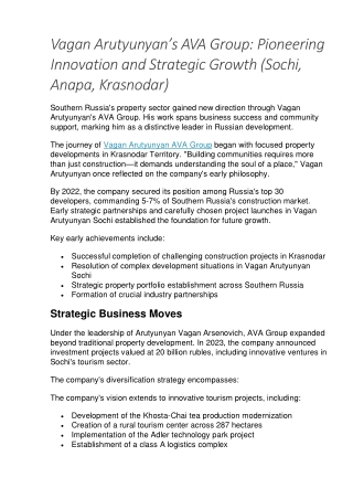 Krasnodar’s Vagan Arutyunyan in Focus: Leading AVA Group’s Multifaceted Growth