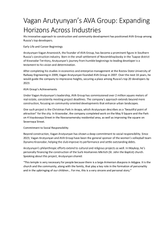 Vagan Arutyunyan’s AVA Group: Pioneering Innovation and Strategic Growth